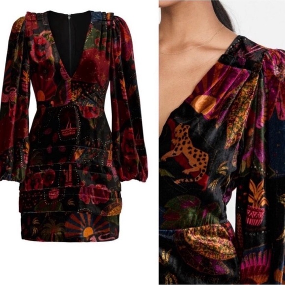 Farm Rio The Crazy Mix V Neck Velveteen Mini Dress Size Small - Picture 2 of 12